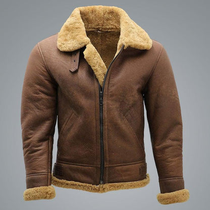 Men's Brown B3 Shearling Sheepskin WW2 Bomber Leather Flying Aviator Jacket