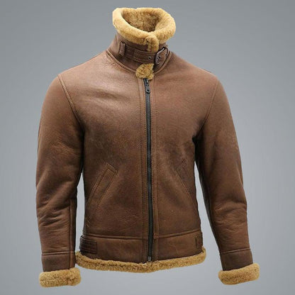 Men's Brown B3 Shearling Sheepskin WW2 Bomber Leather Flying Aviator Jacket