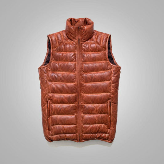 Brown Men's Shearling Bubble Leather Down Vest