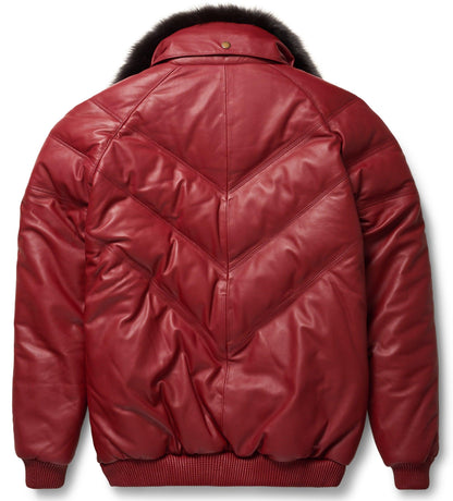 Men's Burgundy Leather V-Bomber Jacket