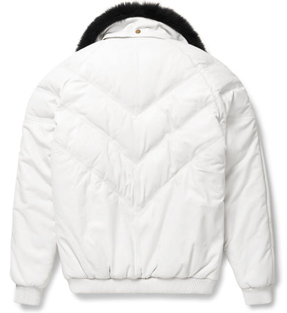 Men's White Leather V-Bomber Jacket