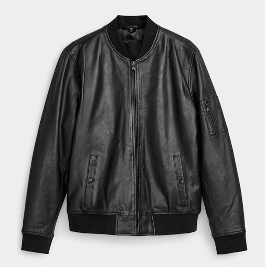 Men's Real Leather Bomber Jacket In Black