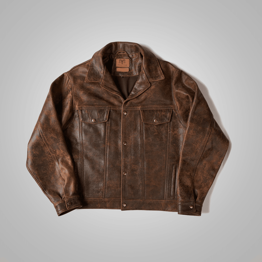 Brown Distressed Real Leather Four Pocket Jacket For Men