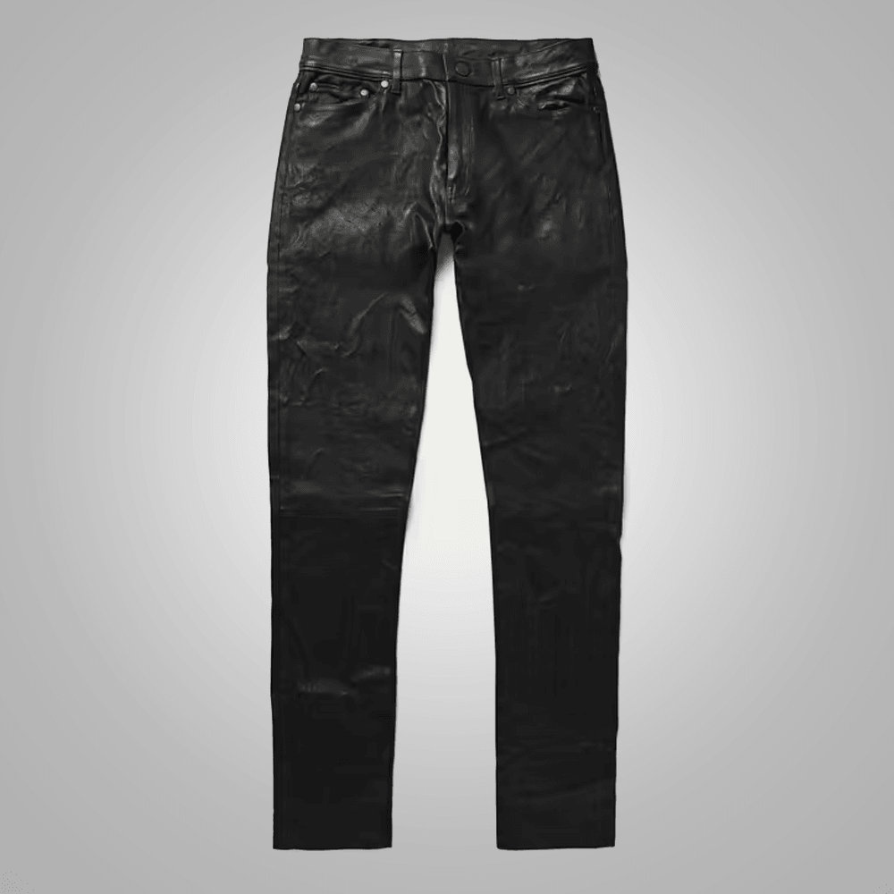 Men's Fashion Black Cowhide Leather Biker Pant