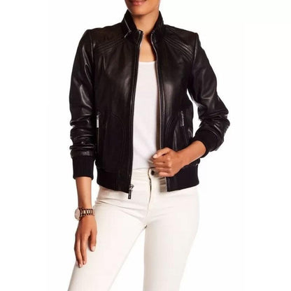 Women's Genuine Lambskin Black Leather Bomber Jacket