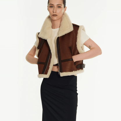 Women's Sheepskin Brown Shearling Aviator Leather Vest