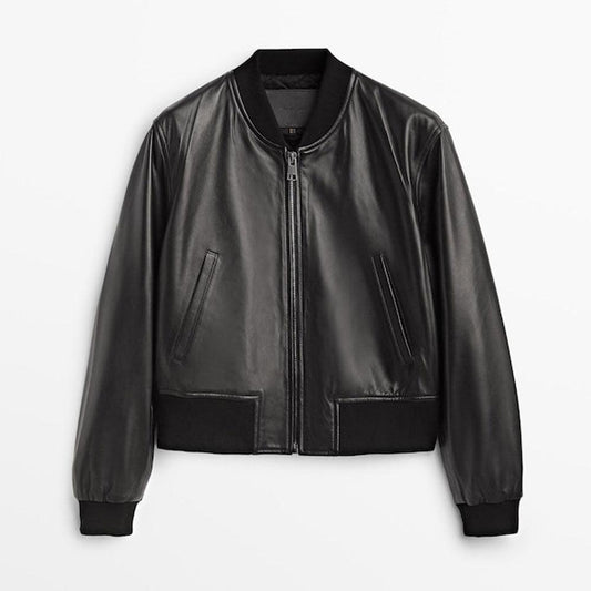 Classic Black Leather Bomber Jacket