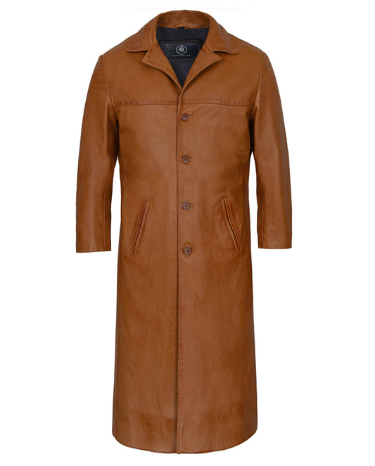 Tan Leather Trench Coat For Men