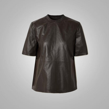 Half sleeves Smooth soft chocolate color Leather Shirt For Women