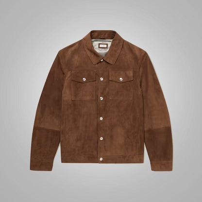 Brown Lambskin Leather Trucker Jacket For Men