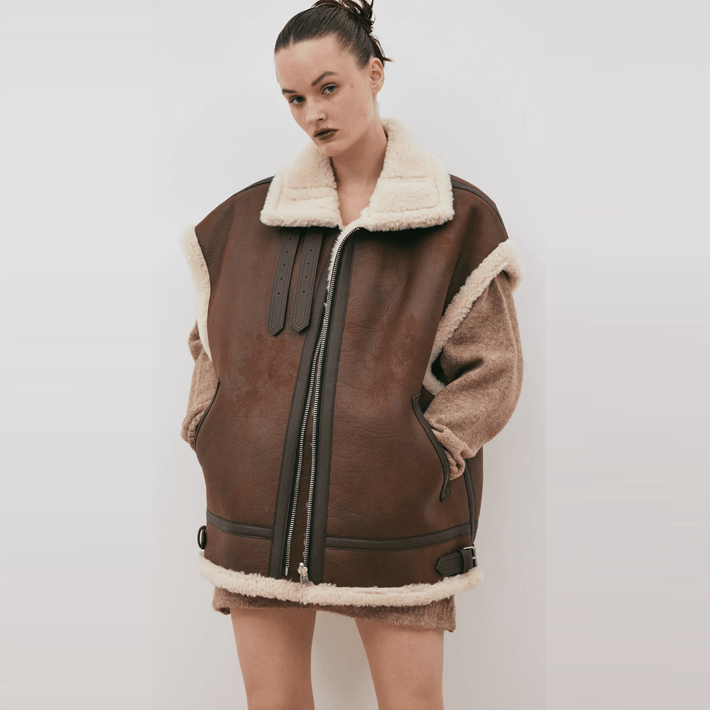 New Chocolate Brown Aviator Sheepskin Leather Vest For Women