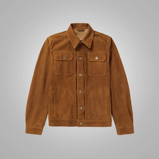 Brown Sheep Skin Suede Leather Trucker Jacket For Men