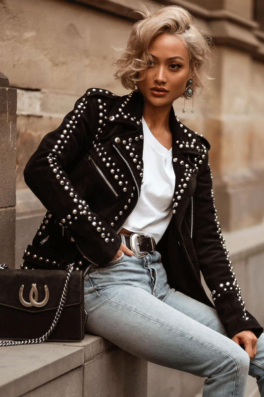 Women's Style Silver Studded Black Suede Leather Jacket