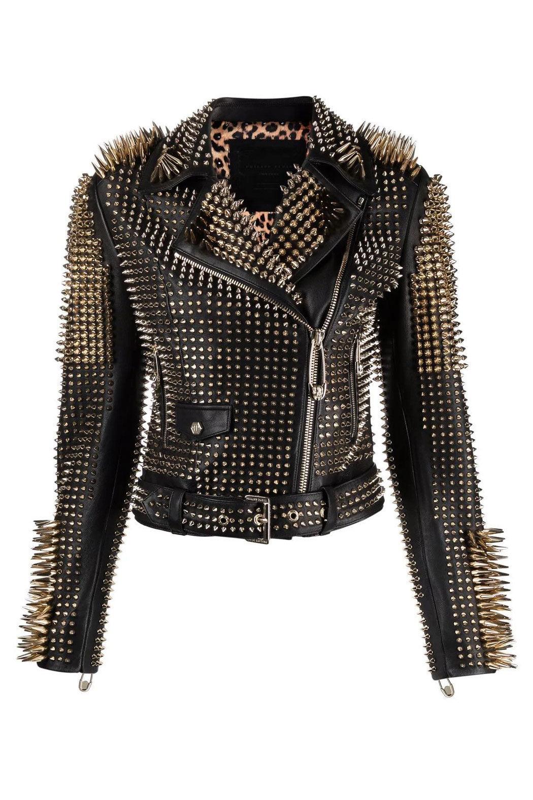 Women's Black Punk Silver Long Spiked Studded Leather Biker Jacket