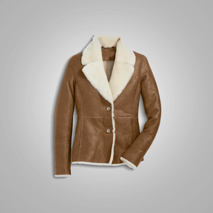 Women's Camel Brown B3 Shearling Pilot Leather Aviator Jacket