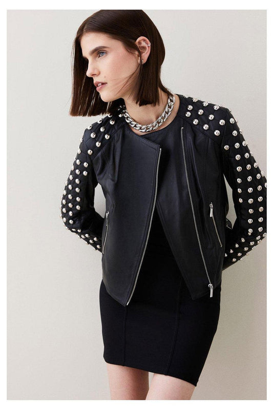 Women's Black Style Silver Spiked Studded Leather Jacket