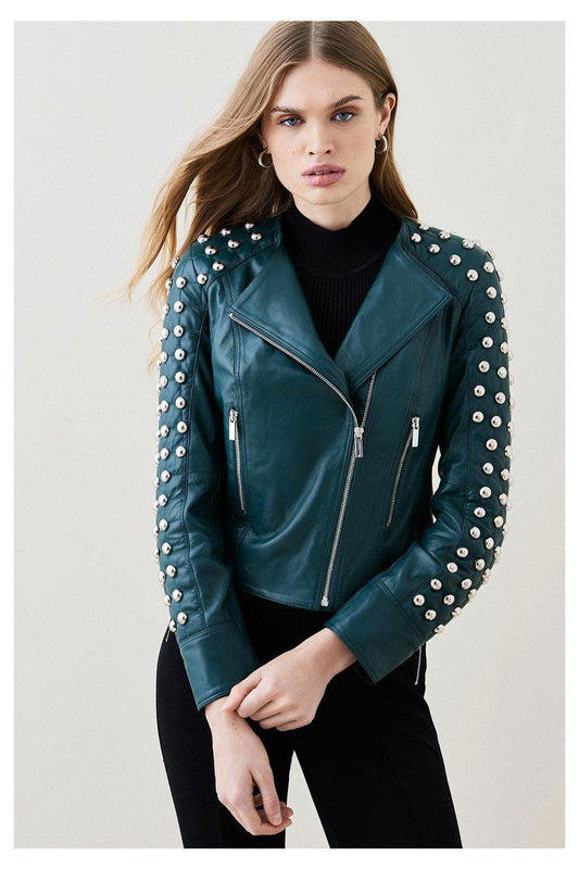 Women's Chocolate Green Style Silver Spiked Studded Retro Motorcycle Leather Jacket