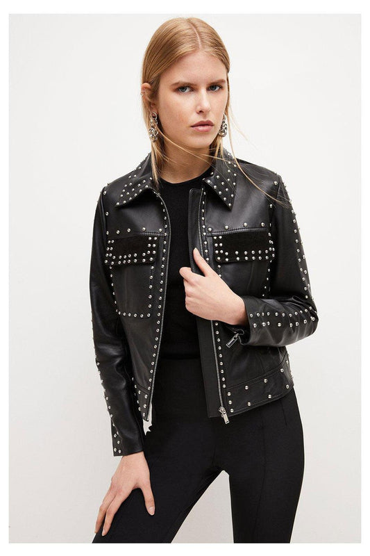 Women's Black style Silver Spiked Studded Leather Biker Jacket