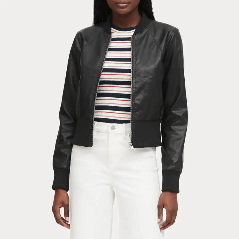 Women's Cropped Ribbed Cuff Black Bomber Jacket