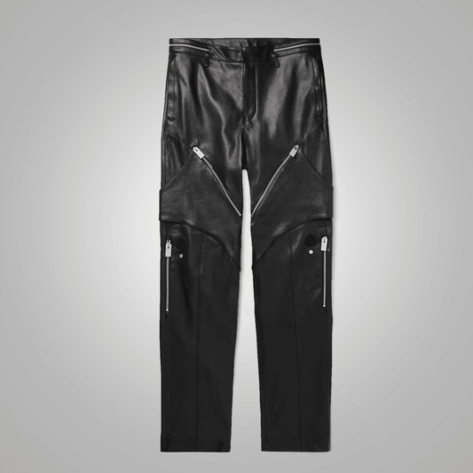 Men's Real Sheepskin Black Leather Fashion Leather Biker Pant