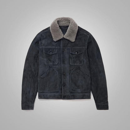 Men's Navy Fur Collar Suede Leather Trucker Jacket