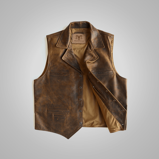 Men's Brown Sheepskin Leather Cowboy Vest