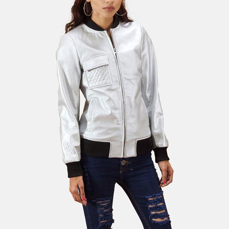 Women's Lana Silver Leather Bomber Jacket