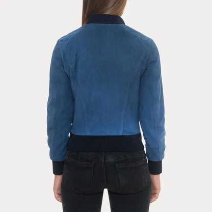 Blue Suede Bomber Leather Jacket with Black Rib Knit Collar & Cuffs