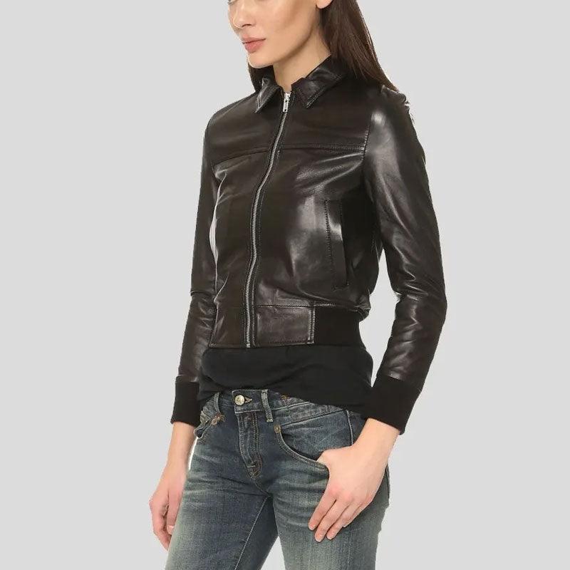 Women's Halle Shirt Collar Black Bomber Leather Jacket