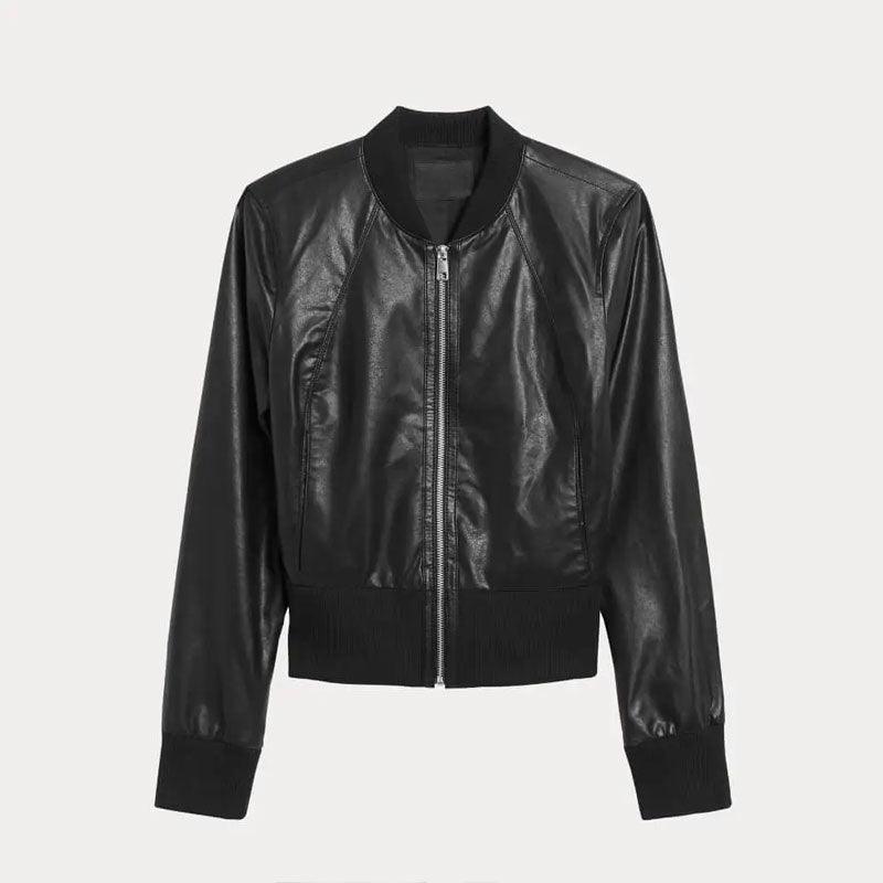 Women's Cropped Ribbed Cuff Black Bomber Jacket