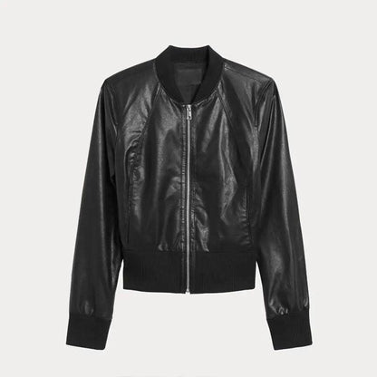 Women's Cropped Ribbed Cuff Black Bomber Jacket