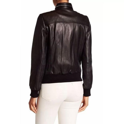 Women's Genuine Lambskin Black Leather Bomber Jacket