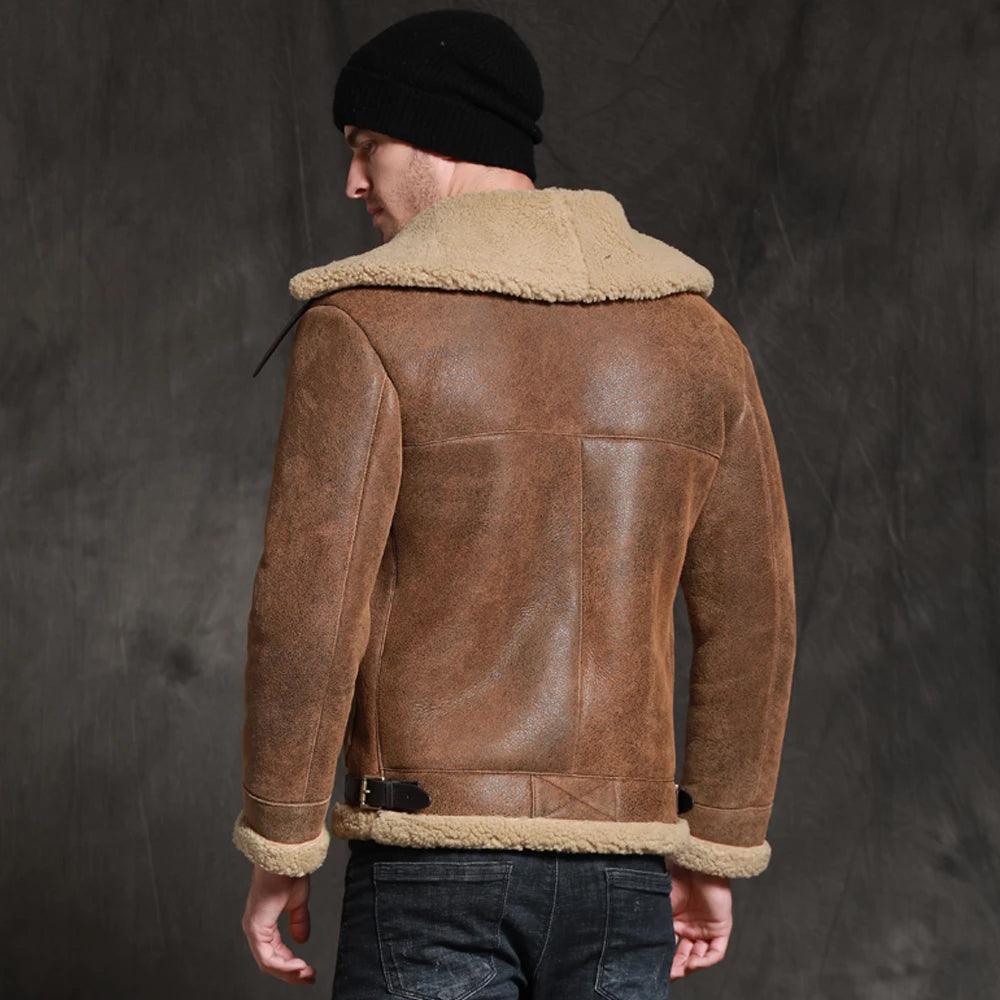 Men's Brown Short Sheepskin Fur Shearling Leather Jacket Coat