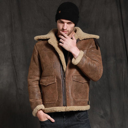 Men's Brown Short Sheepskin Fur Shearling Leather Jacket Coat