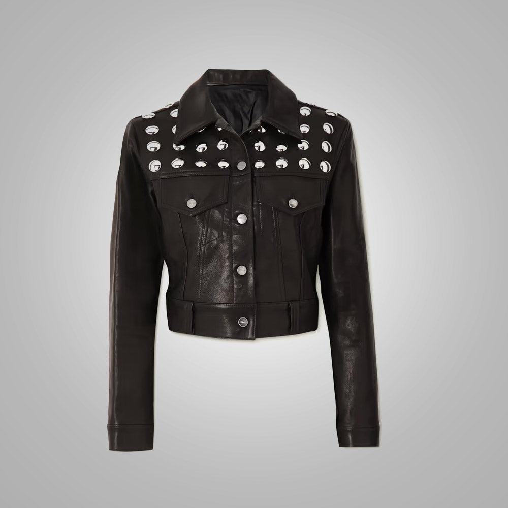 Black Shearling Studded textured Cropped Leather Jacket For Women