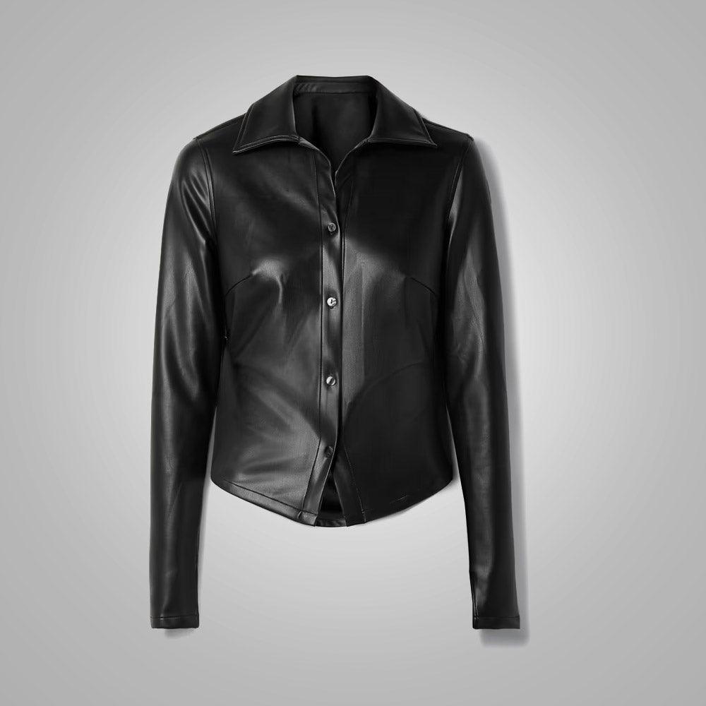 Black Slim Fit Smooth Sleeves Leather Shirt For Women