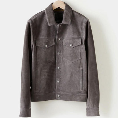 Men’s Chocolate Dark Charcoal Suede Leather Bomber Jacket