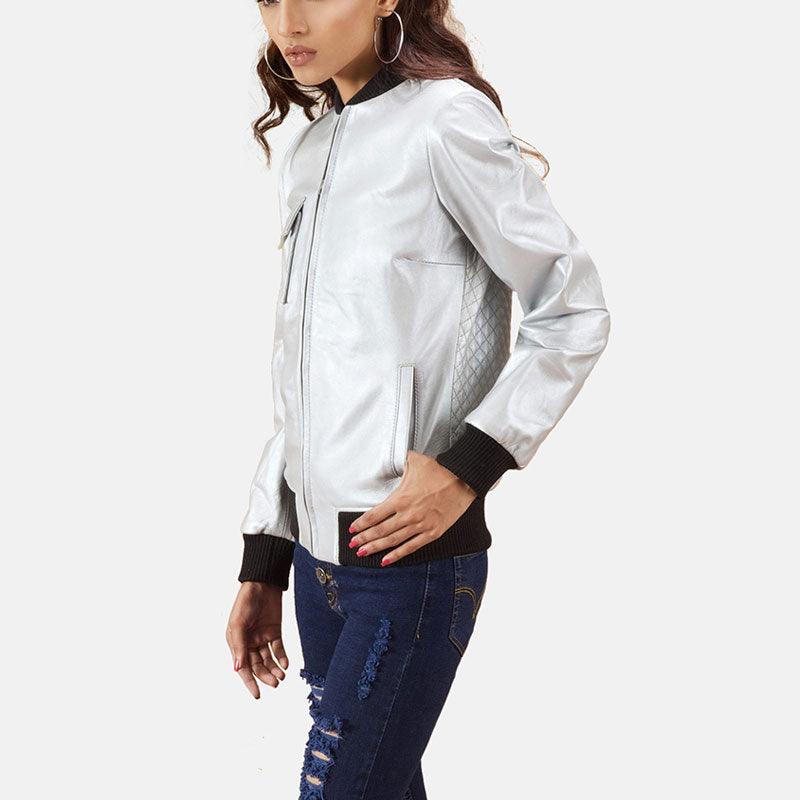 Women's Lana Silver Leather Bomber Jacket