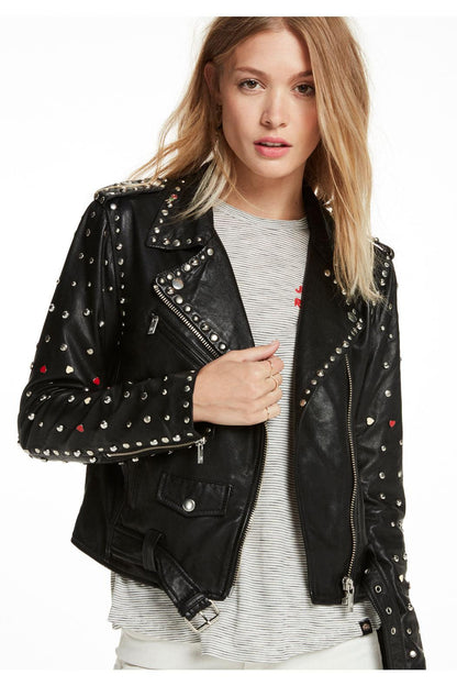 Black Women Spiked Studded Leather Motorcycle Jacket