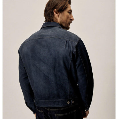 Men's Blue Suede Leather Jacket Shirt Jeans Style