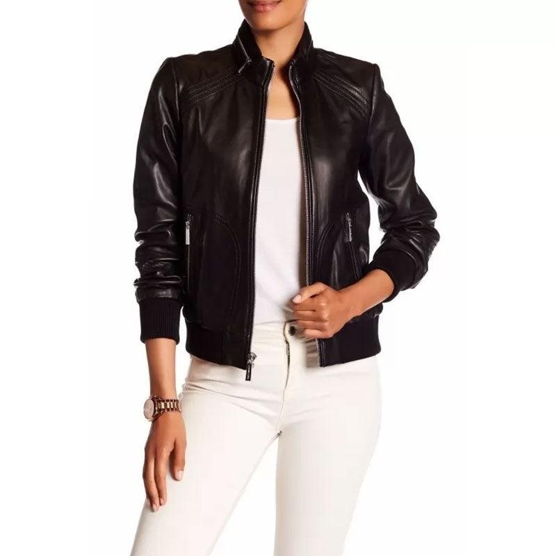 Women's Genuine Lambskin Black Leather Bomber Jacket