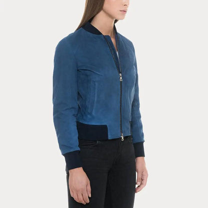 Blue Suede Bomber Leather Jacket with Black Rib Knit Collar & Cuffs