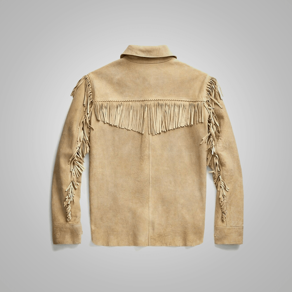 Men's Brown Western Suede Leather Jacket With Beads Fringes