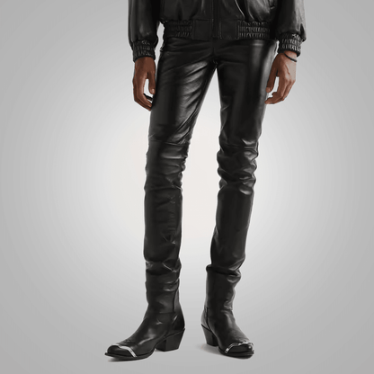 Black Leather Sheep Skin Leather Biker Jeans Pant For Men