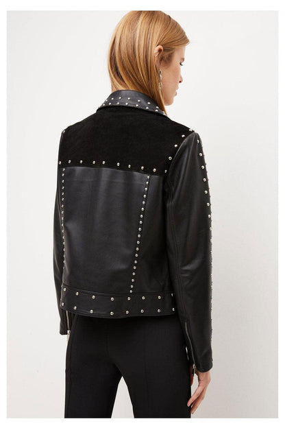 Women's Black style Silver Spiked Studded Leather Biker Jacket