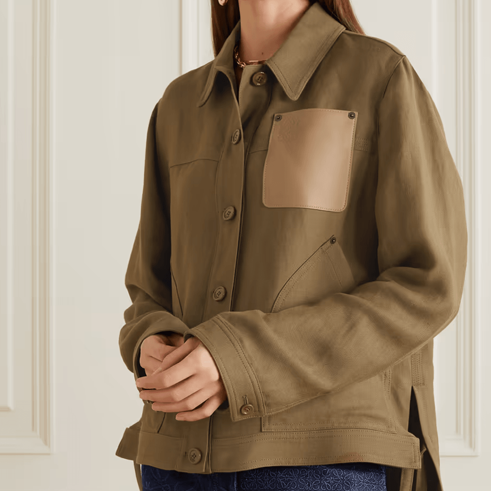 Army Green Solid Cloth Button Leather Shirt For Women