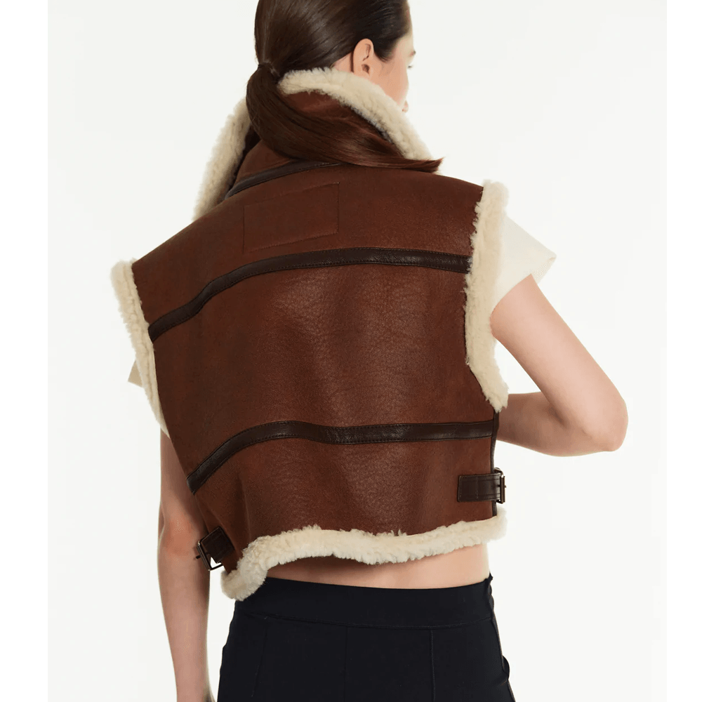 Women's Sheepskin Brown Shearling Aviator Leather Vest