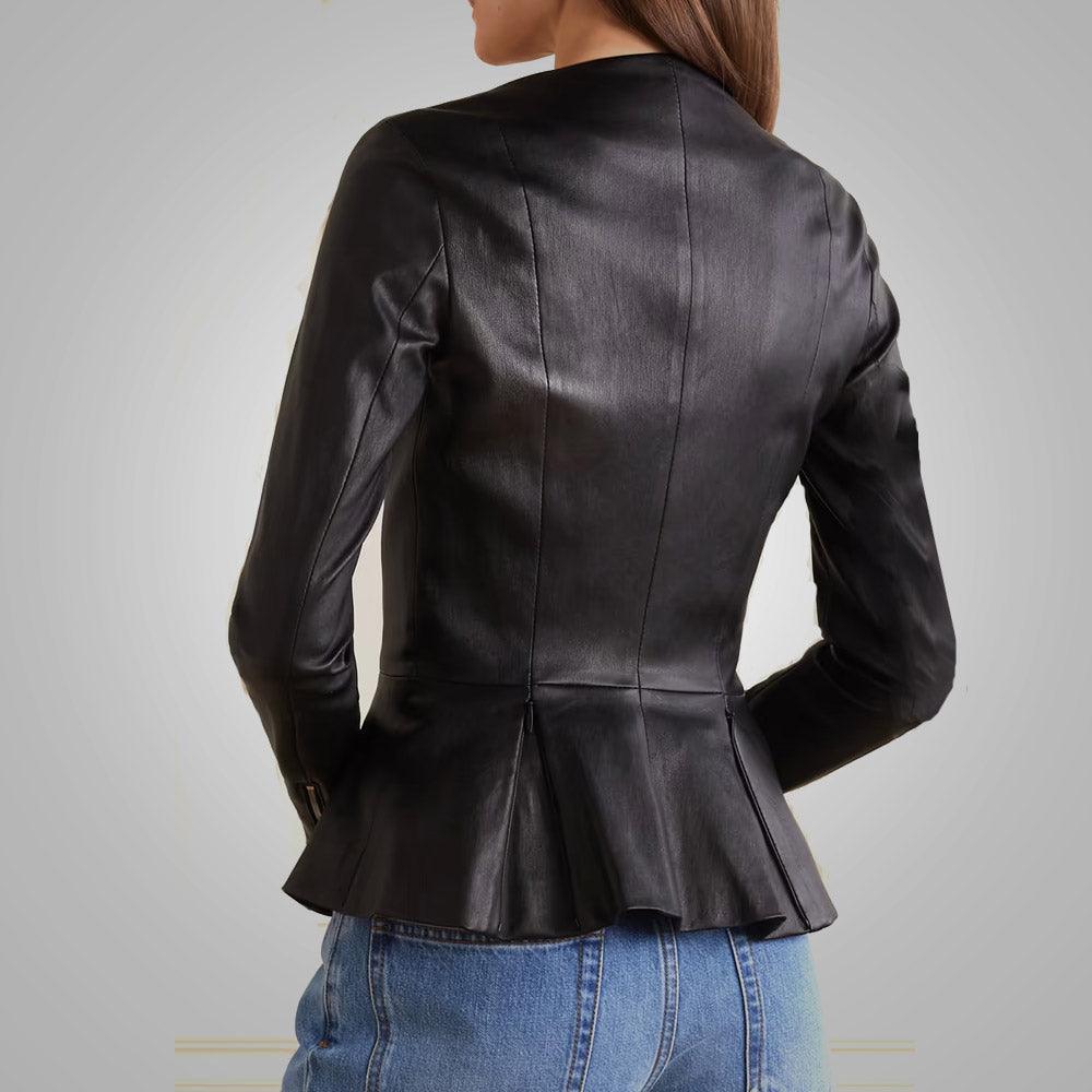 Women's Stretch Cotton Concealed Zip Leather Shirt In black