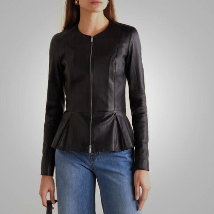 Women's Stretch Cotton Concealed Zip Leather Shirt In black