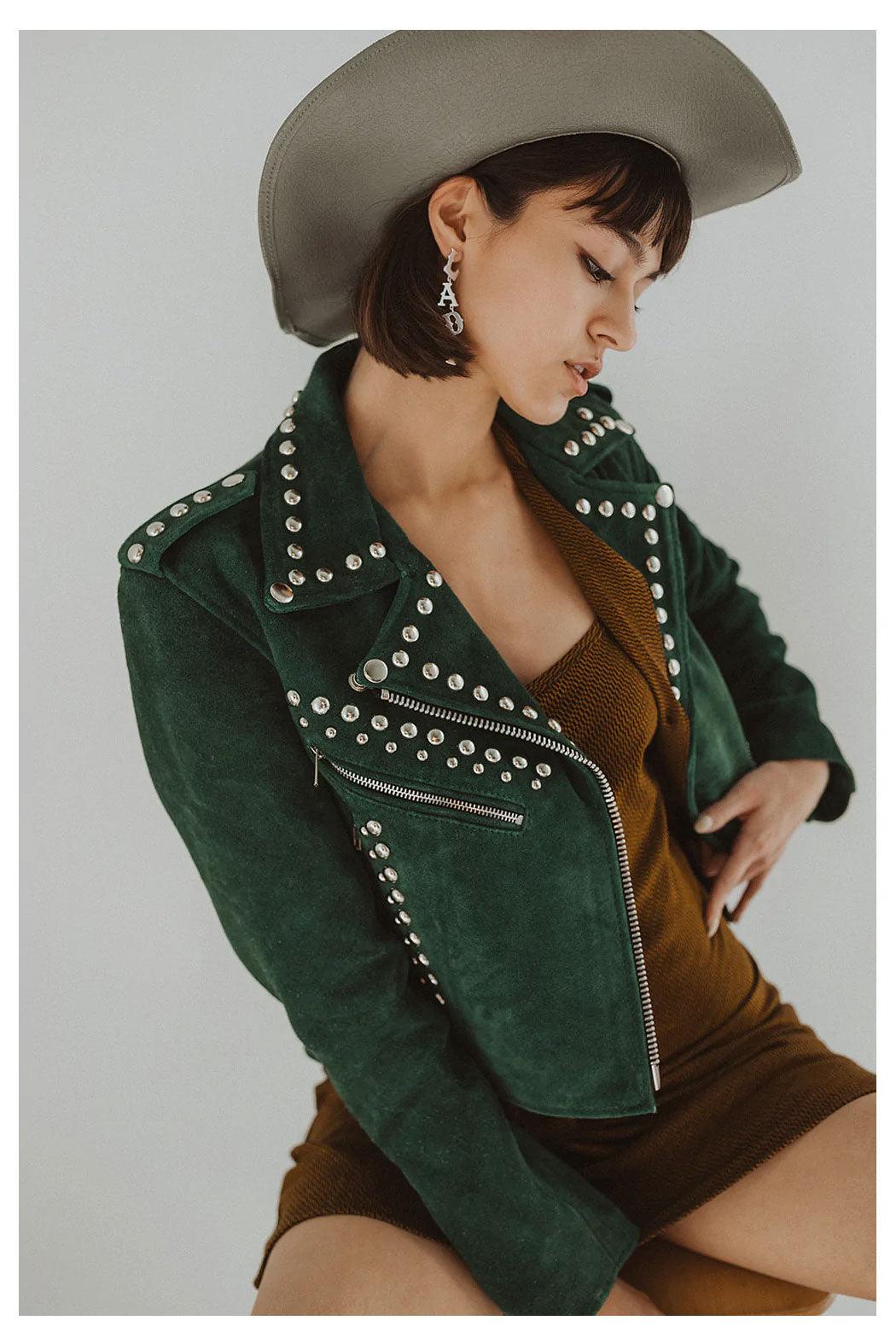 Women's Green Style Silver Studded spiked Motorcycle Leather Jacket